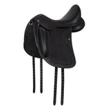 Black leather equestrian saddle on a white background