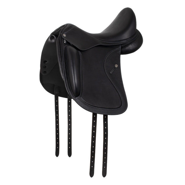 Black leather equestrian saddle on a white background