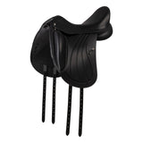 Black leather equestrian saddle on a white background
