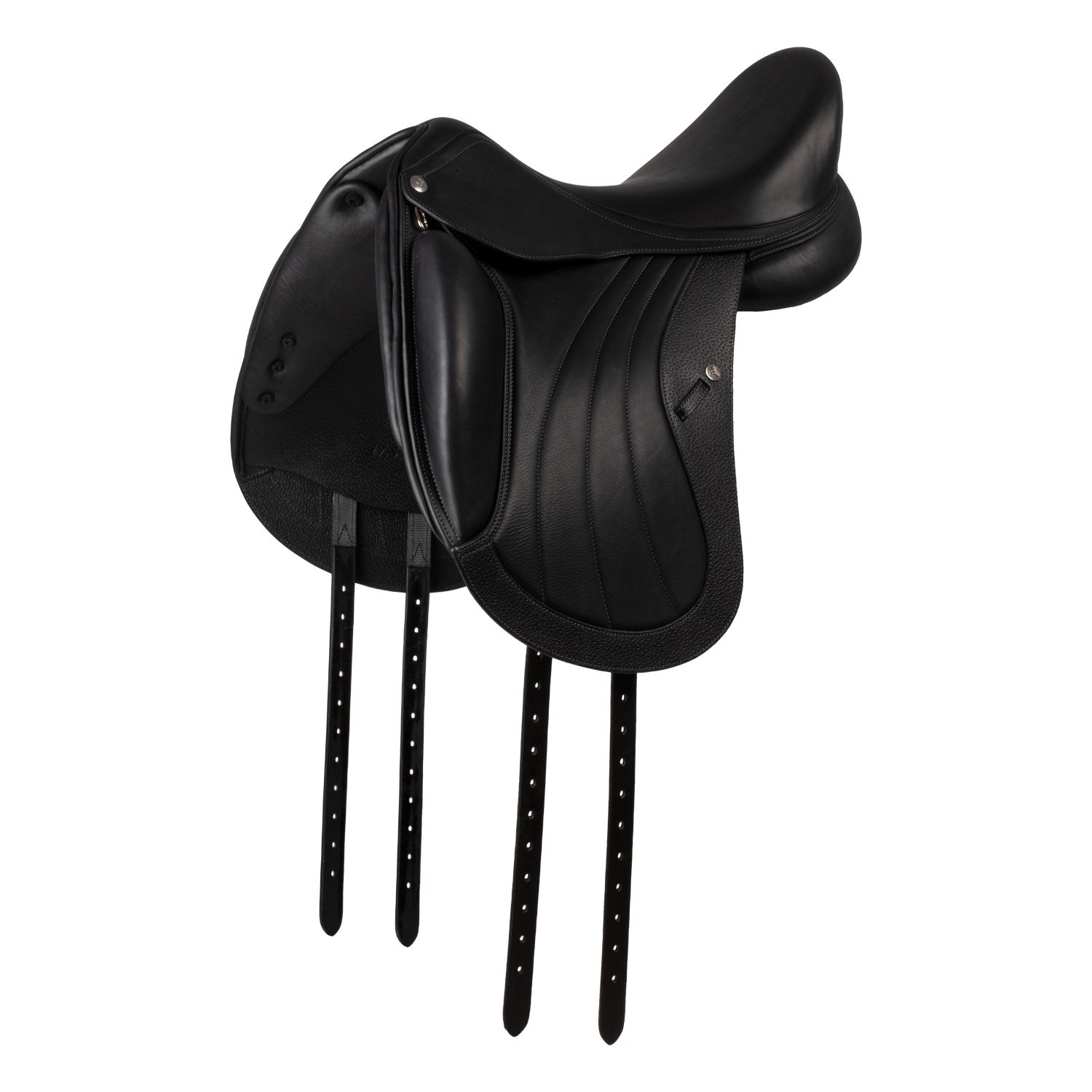 Black leather equestrian saddle on a white background