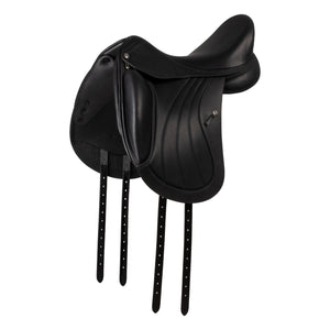 Black leather equestrian saddle on a white background