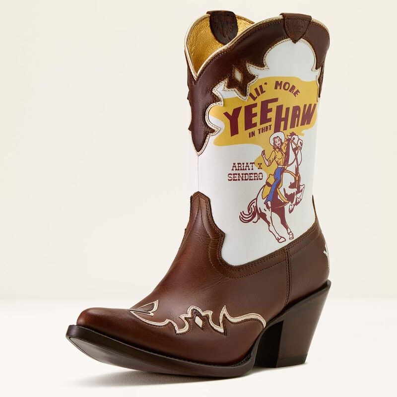 Brown cowboy boot with white top featuring 'Yee Haw' text and graphics on a beige background
