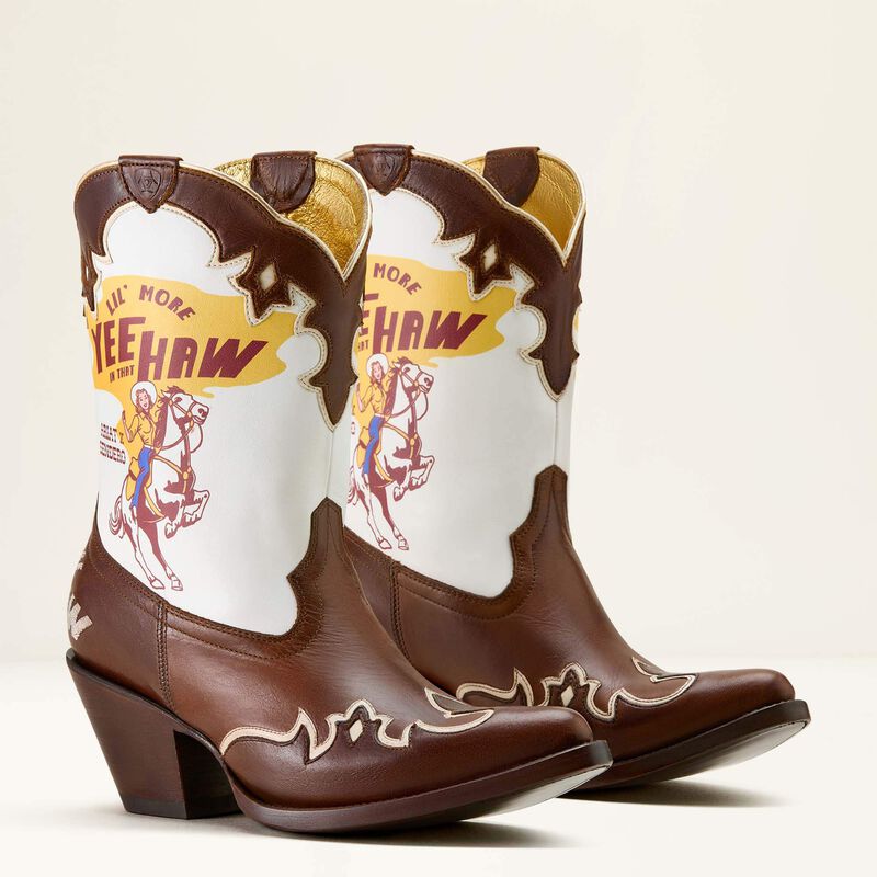Brown cowboy boots with graphic design on a white background