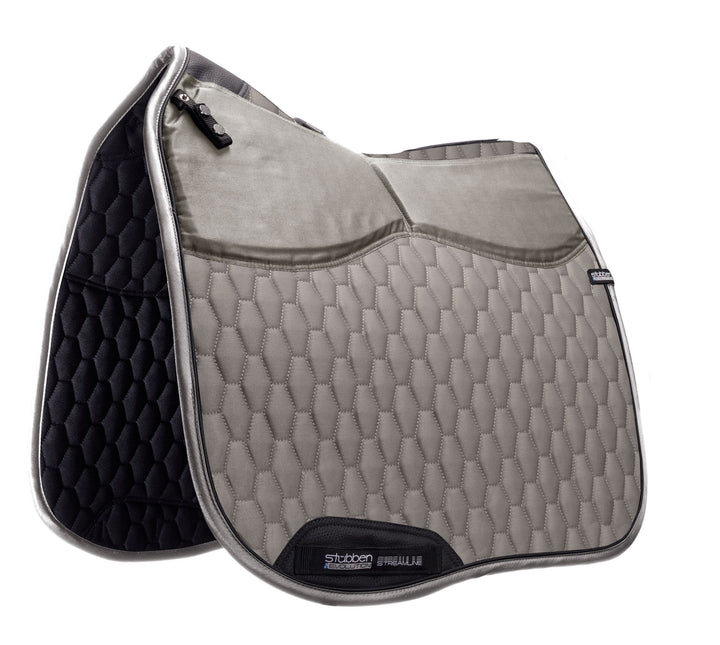 Gray and black quilted saddle pad with a brand logo on a white background