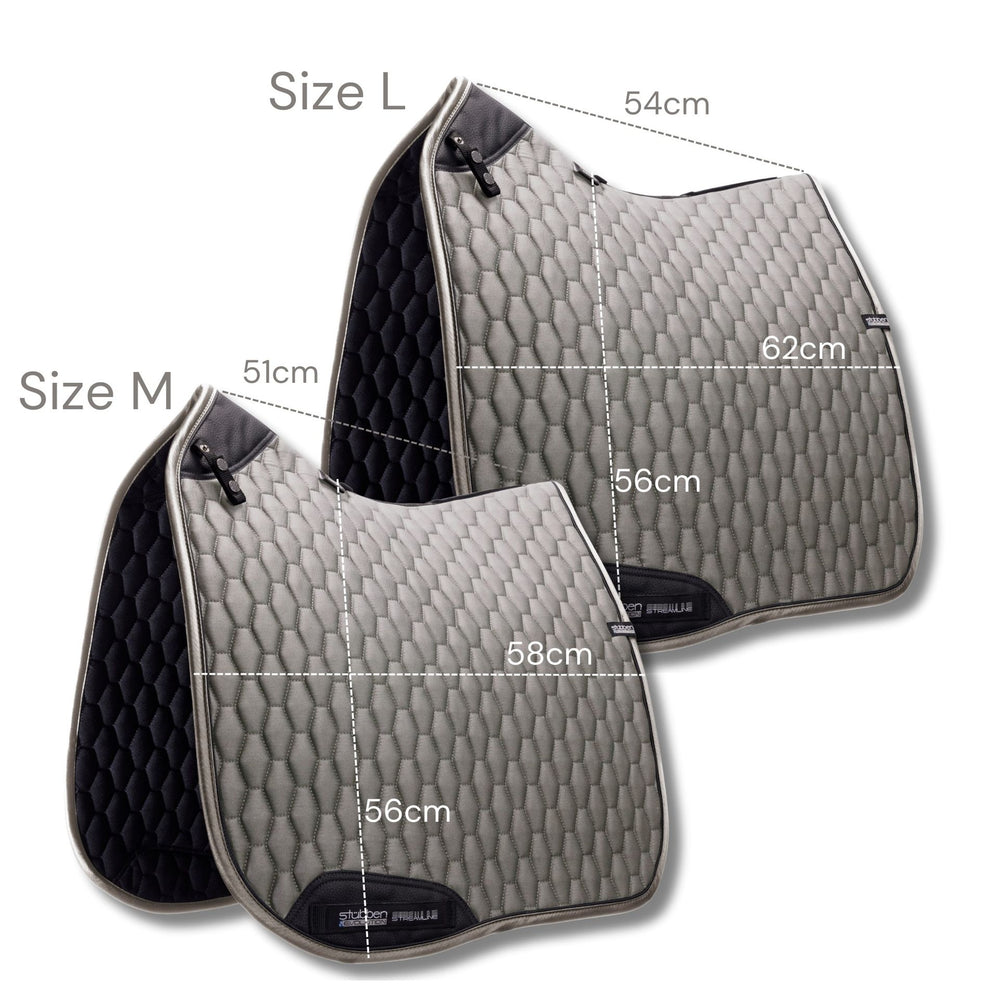 Two saddle pads with measurements on a white background