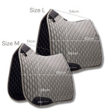 Two saddle pads with measurements on a white background