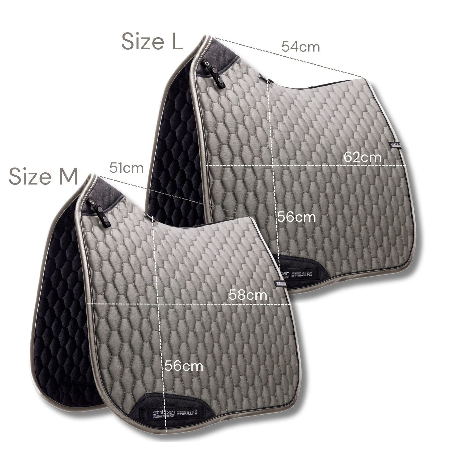 Two saddle pads with measurements on a white background