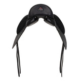 Black equestrian saddle on a white background