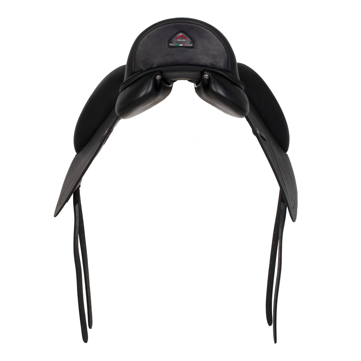 Black equestrian saddle on a white background