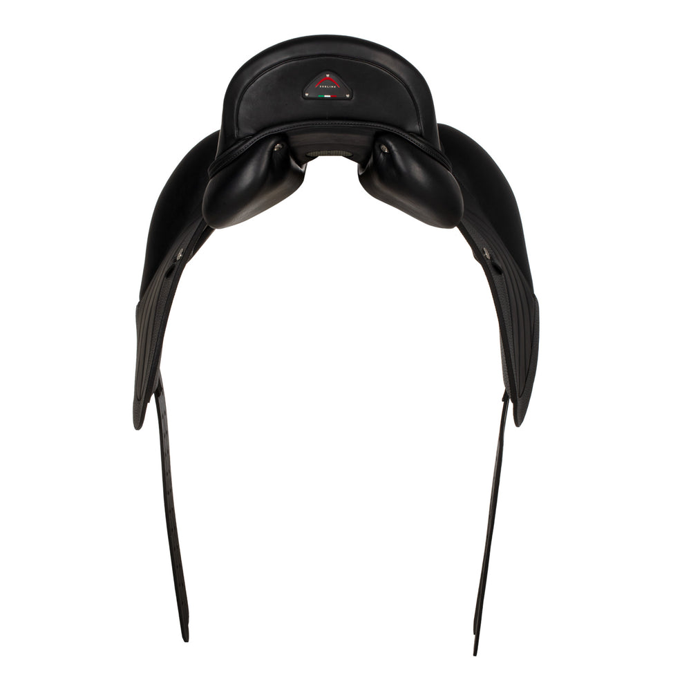 Black equestrian saddle on a white background