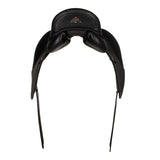 Black equestrian saddle on a white background