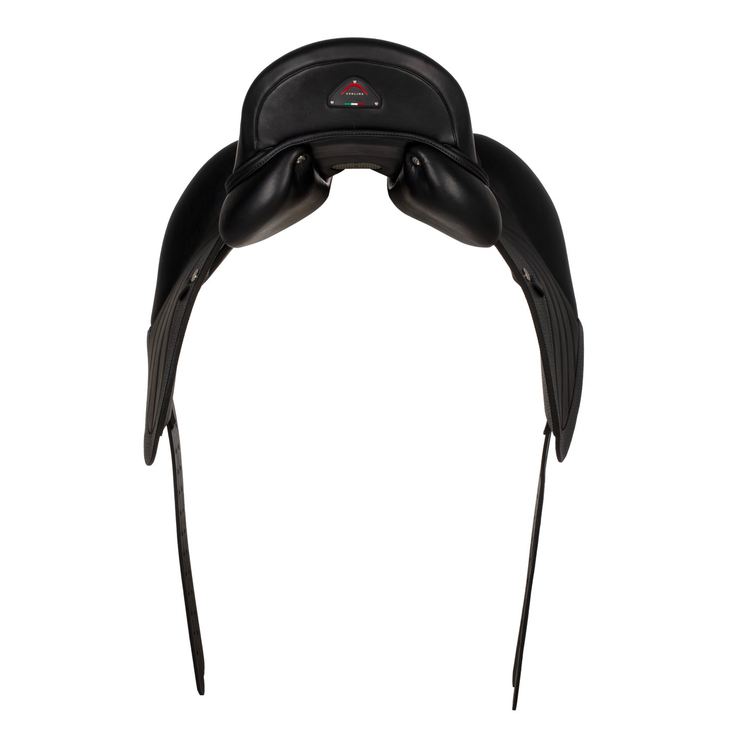 Black equestrian saddle on a white background