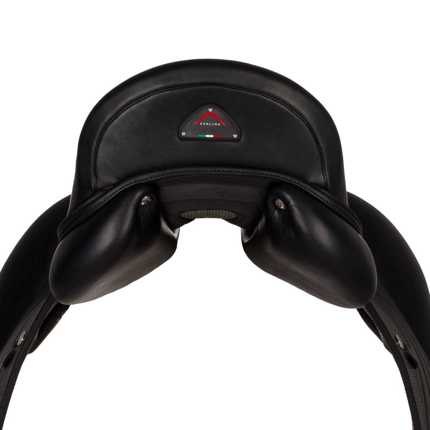 Black leather equestrian saddle on a white background