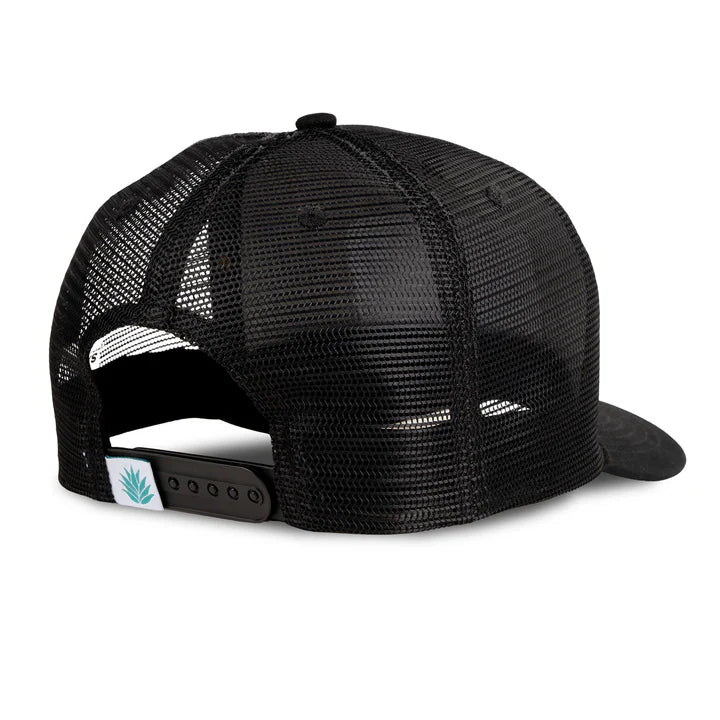 Black mesh cap with a small logo on the strap against a white background