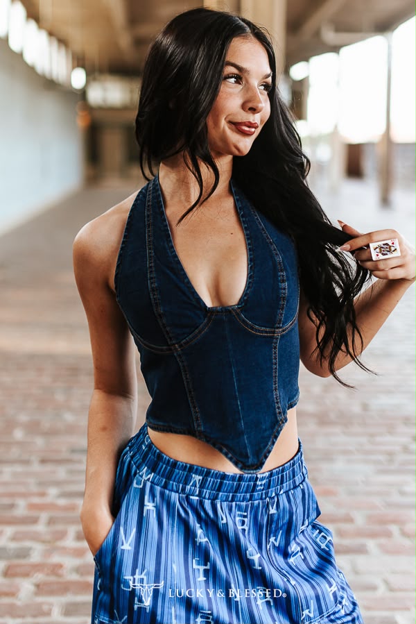 Lucky & Blessed Donkergewassen Stretch Denim Haltercorset Top