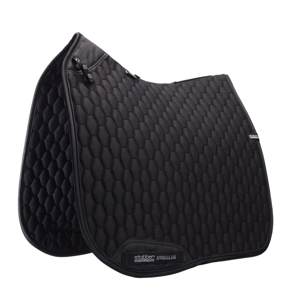Black quilted saddle pad with a visible brand logo on a white background