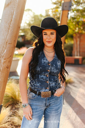 Lucky & Blessed donkergewassen laser western vest met concho-details en knoopsluiting